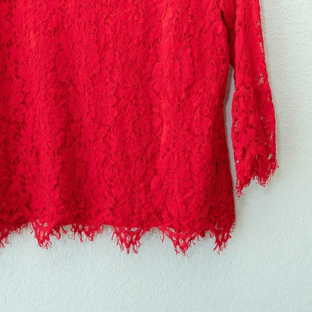 Zac & Rachel Red Lace Top Large V Neck Floral Lace Blouse Lined 3/4 Sleeve - Picture 6 of 13